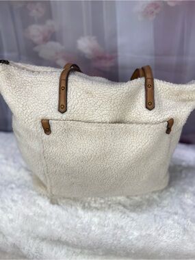 Cream Sherpa Tote Bag with Tan Trim